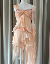 Baby Peach A Line Two Piece Appliques Tiered Chiffon Party Dress Evening Dress