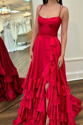 Red Spaghetti Straps Ruffles Satin Long Sweep Prom Formal Dress, Slit
