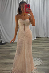 Pink Strapless Sweetheart Twist Beaded Mermaid Tulle Long Prom Dress