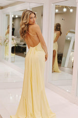 Simple Yellow Scoop Neck Satin Mermaid Long Prom Dresses with Slit