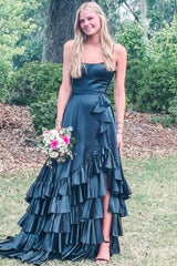 Red Spaghetti Straps Ruffles Satin Long Sweep Prom Formal Dress, Slit