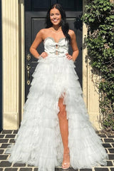 A-line Black Tulle Strapless Bow Ruffle Long Sweep Prom Dress, Slit