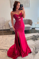 Charming Mermaid Sweetheart Satin Slit Prom Dresses with Beading