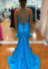 Cute Mermaid V Neck Blue Satin Slit Prom Dress