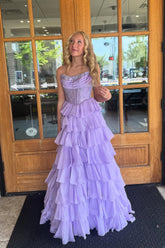 Gorgeous A Line Scoop Neck Lavender Tiered Chiffon Prom Dress