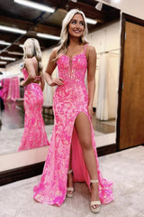 Cute Mermaid V Neck Pink Sequins Lace Slit Prom Dresses