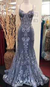 Charming V Neck Lace Mermaid Prom Dress Long Evening Dress