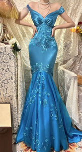 Vintage Lake Blue Mermaid V Neck Beaded Satin Prom Dress Wedding Guest Dress