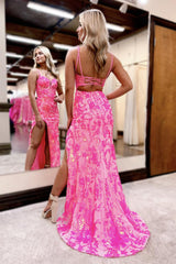 Cute Mermaid V Neck Pink Sequins Lace Slit Prom Dresses