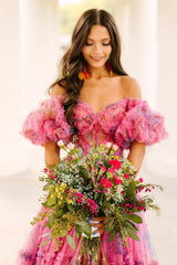 Gorgeous Ball Gown Tiered Pink Floral Tulle Prom Dress