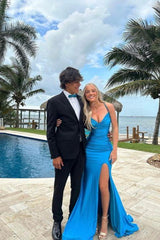 Cute Mermaid V Neck Blue Satin Slit Prom Dress