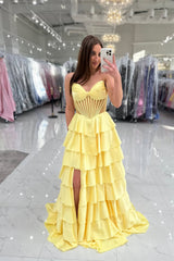 Cute A Line Sweetheart Yellow Satin Long Prom Dress