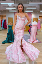 Gorgeous Mermaid Sweetheart Pink Jacquard Satin Prom Dress with Beading