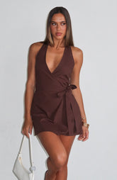Office Hours Linen Mini Dress Chocolate