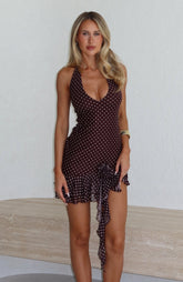 Coastal Sway Halter Mini Dress Chocolate Polka Dot