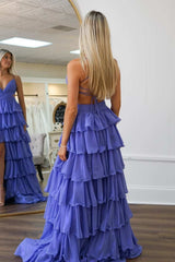 A-Line V-Neck Straps Tiered Ruffles Long Formal Prom Dress With Slit