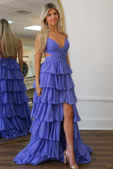 A-Line V-Neck Straps Tiered Ruffles Long Formal Prom Dress With Slit