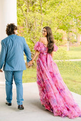 Gorgeous Ball Gown Tiered Pink Floral Tulle Prom Dress