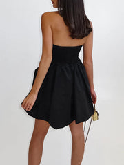 A-Line High Waisted Elasticity Pleated Pockets Solid Color Tube Mini Dresses