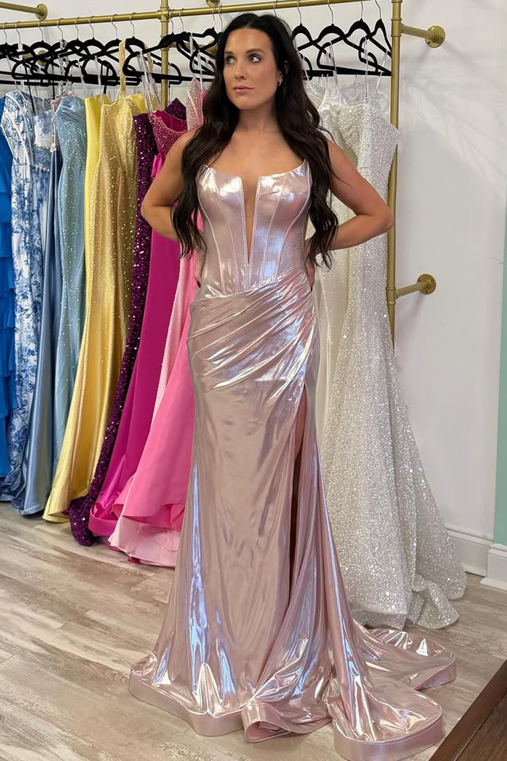 Charming Mermaid Scoop Neck Pink Satin Prom Dress with Slit