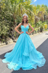 Gorgeous A Line V Neck Aqua Chiffon Long Prom Dress with Beading