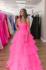 Pink Sweetheart Ruffle Tiered Long Prom Dresses