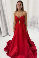 Cute A Line Sweetheart Keyhole Red Satin Long Prom Dress with Hot Stone