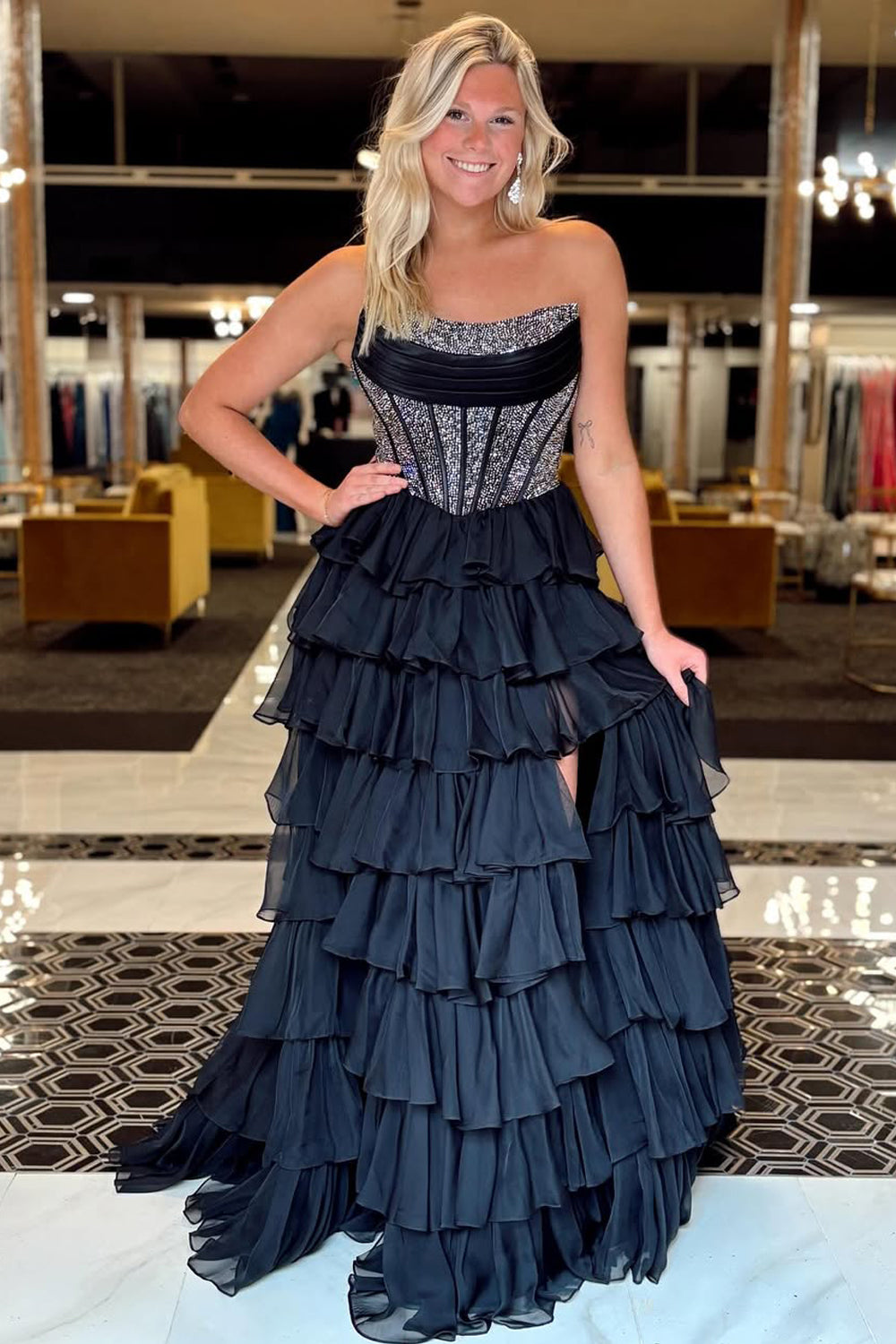 Cute A Line Black Tiered Chiffon Long Prom Dress with Hot Stone Beading