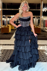 Cute A Line Black Tiered Chiffon Long Prom Dress with Hot Stone Beading