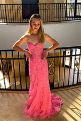 Cute Mermaid Sweetheart Pink Lace Prom Dress with Beading