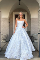 Gorgeous A Line Scoop Neck White Jacquard Satin Long Prom Dress with Beading