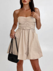 A-Line High Waisted Elasticity Pleated Pockets Solid Color Tube Mini Dresses