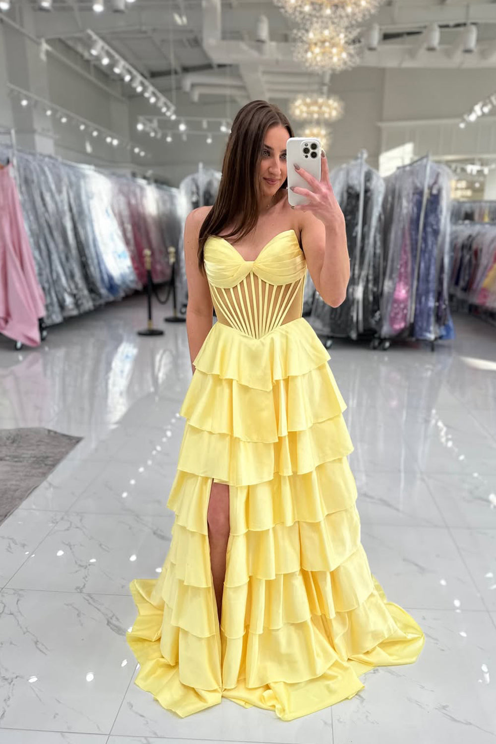 Cute A Line Sweetheart Yellow Satin Long Prom Dress