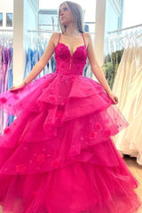 Ball Gown Spaghetti Straps V-Neck Layered Lace Tulle Prom Dress