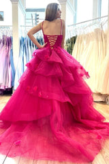 Ball Gown Spaghetti Straps V-Neck Layered Lace Tulle Prom Dress