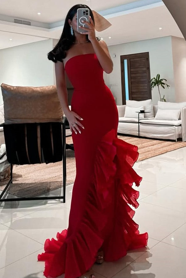 Red Strapless Ruffles Straight Neck Mermaid Long Prom Dress