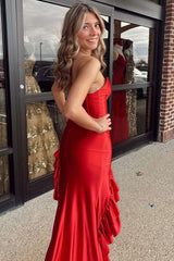 Strapless Mermaid Ruffles Satin Asymmetrical Formal Prom Dress