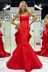 Strapless Red Satin Ruffles Train Mermaid Sleeveless Prom Dress
