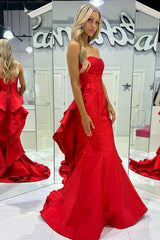 Strapless Red Satin Ruffles Train Mermaid Sleeveless Prom Dress