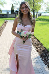 Pink Strapless Sweetheart Pleated Satin Formal Prom Dress with Train