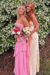 Pink Spaghetti Straps Ruffles Sleeveless Lace-Up Long Prom Dress