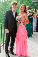 Pink Spaghetti Straps Ruffles Sleeveless Lace-Up Long Prom Dress