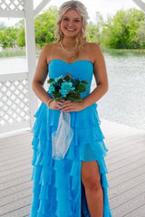 A-Line Strapless Layered Ruffles Sky Blue Chiffon Prom Dress, Slit