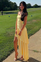 Strapless Yellow Satin Asymmetrical Layered Pleats Prom Party Dress