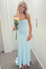 Blue Strapless Keyhole Satin Sleeveless Mermaid Long Prom Dress