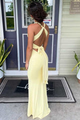 Sheath Yellow Satin Halter V-Neck Twist Criss-cross Long Prom Dress