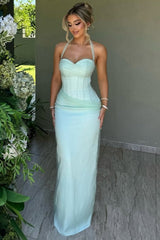 Halter Sweetheart Satin Pleats Sleeveless Sheath Formal Prom Dress