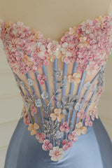 3D Flowers Pink Satin Mermaid Prom Dress