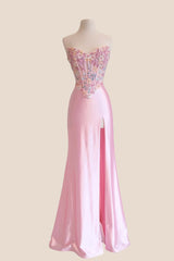 3D Flowers Pink Satin Mermaid Prom Dress