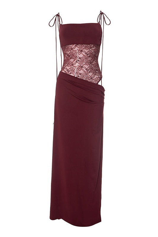 Straps Burgundy Sheer Tight Long Dress